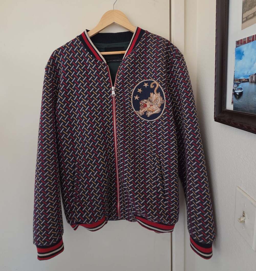 Zara Mens Bomber Jacket Embroidered Graphic Souvenir Jacket Tiger Eagle UFO Geom